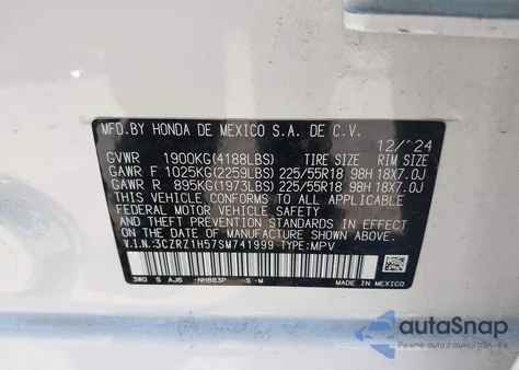 2025 Honda Hr-V 2Wd Sport from USA, damaged, VIN 3CZRZ1H57SM741999